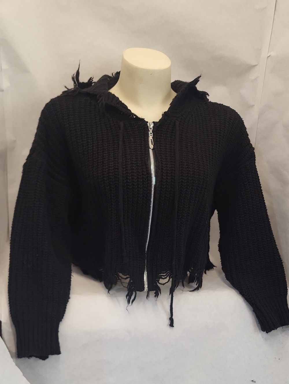 Black Distressed Cropped Zip-up Hoodie Sweater S